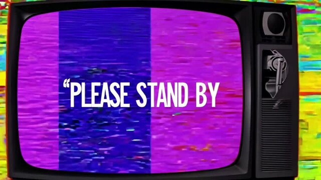 Error during TV broadcast with colorful bars. Please wait a moment.