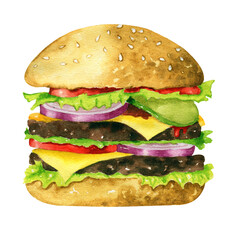 Watercolor hand drawn illustration  hamburger isolated on white background. Fresh tasty burger, Fast food illustration.