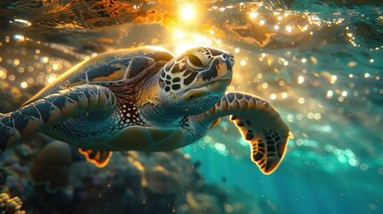 Fototapeta premium Sea turtle gliding through vibrant coral reef under sunlight