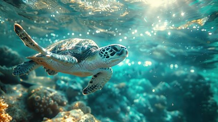 Sea Turtle Swimming in Crystal Clear Water