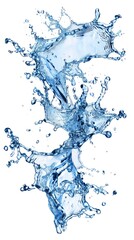 A close-up image of a large splash of blue water against a white background, with bubbles and droplets creating a dynamic and textured look