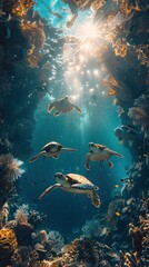 Obraz premium Sea turtles swimming under bright sunlight ocean view