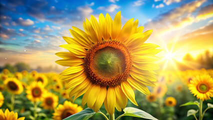 Fototapeta premium A bright summer day in a sunflower field with a clear blue sky and vibrant yellow blossoms