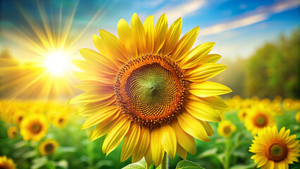 Fototapeta premium A bright summer day in a sunflower field with a clear blue sky and vibrant yellow blossoms