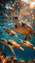 Fototapeta premium Sea turtles swimming in underwater paradise, vibrant colors