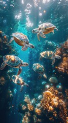 Group of sea turtles navigating underwater coral ecosystem