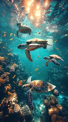 Group of turtles swimming through vibrant underwater coral reef.