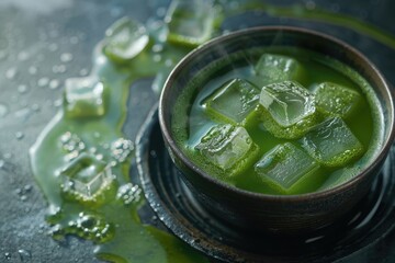 Steaming Matcha Tea with Ice Cubes in a Bowl