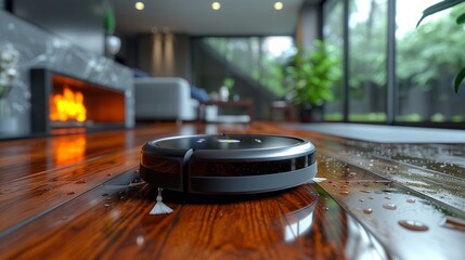 A Modern Home's Automated Chore: A Robot Vacuum Cleans Hardwood Floors After a Rainy Day. Generative AI