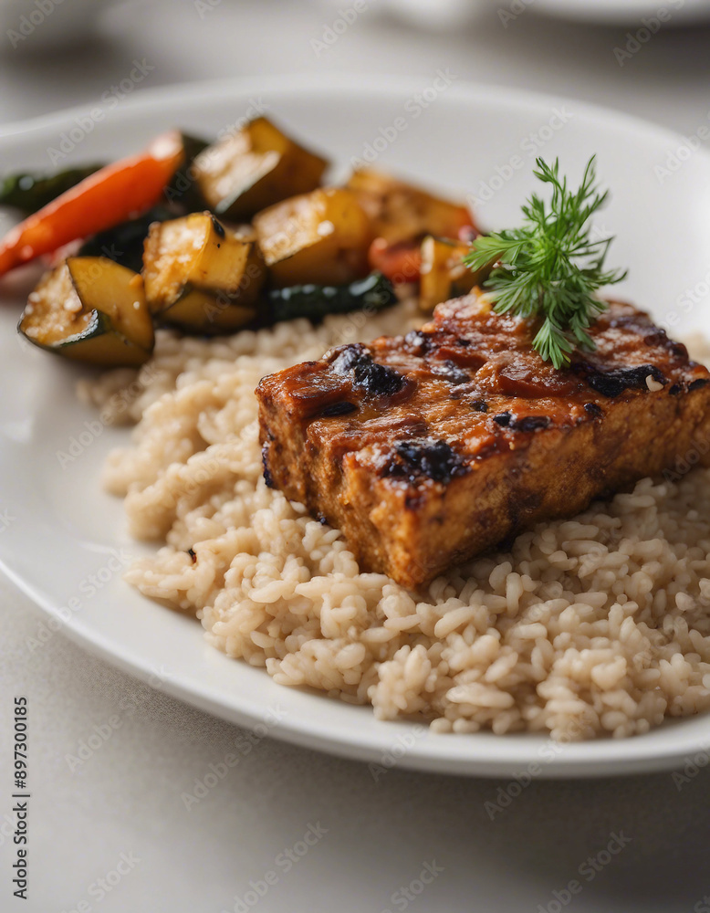 Wall mural a serving of baked tempeh with roasted vegetables and a side of brown rice on a white background.