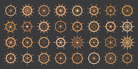 Wooden vintage steering wheels. Ship, sailboat or yacht retro wheel symbol. Brown nautical rudder icon. Marine logotype design element. Vector illustration