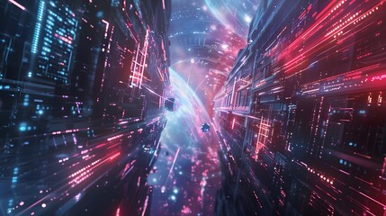 Abstract fractal pattern of glowing optic cables in space, representing digital data flow and communication technology