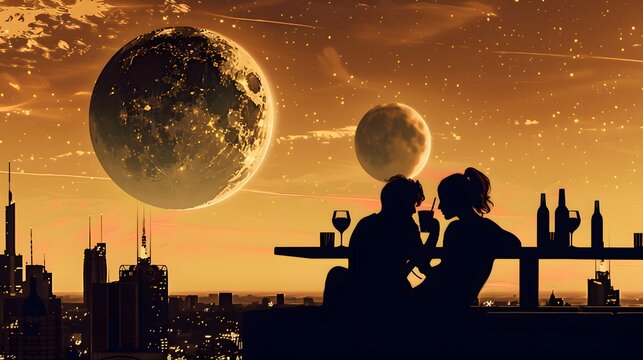 Silhouette couple gazing moonlit city, stars twinkling cosmic love story