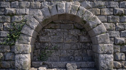 Ancient stone arch with vines and leaves growing from cracks, suggesting decay or overgrowth