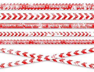 Old grunge quarantine zone warning tape. Novel coronavirus outbreak. Global lockdown. Red coronavirus danger stripe. Police caution line, restricted area. Construction tape. Vector illustration