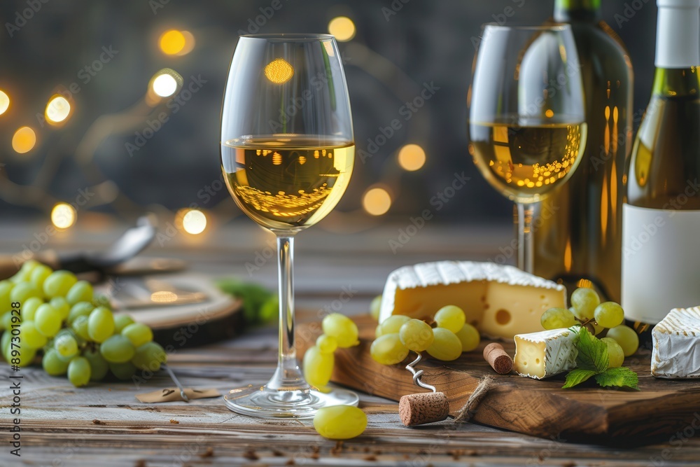 Poster two glasses of white wine, a bottle of wine, and a cheese platter with grapes on a wooden table, ill