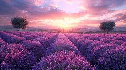 Fototapeta premium Serene Lavender Fields at Sunset in the Countryside