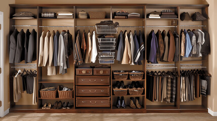 Clean closet with neatly hung clothing and organized shoes