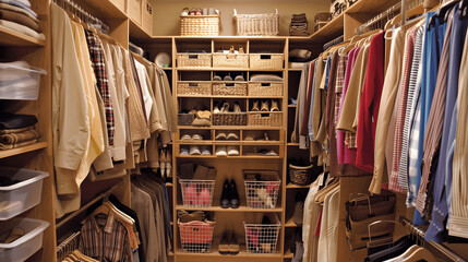 Obraz premium Clean closet with neatly hung clothing and organized shoes