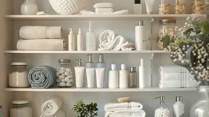 Harmoniously arranged bathroom shelves with toiletries and accessories