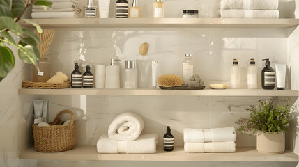 Harmoniously arranged bathroom shelves with toiletries and accessories