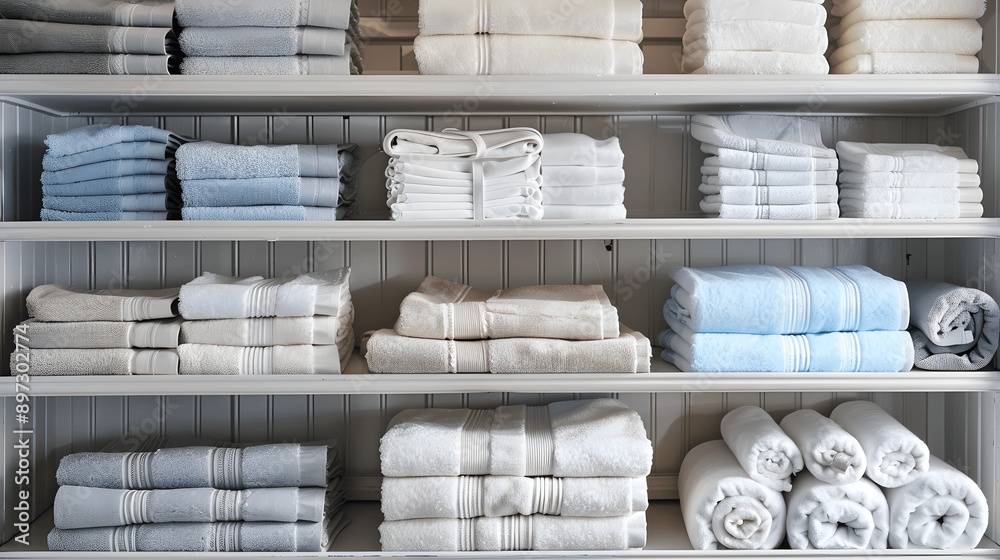 Fototapete immaculately neat linen closet with color-sorted towels and sheets