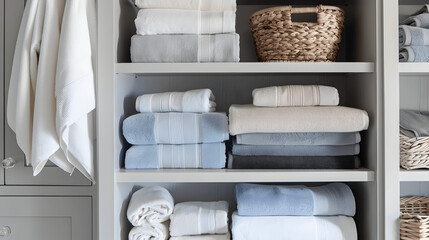Immaculately neat linen closet with color-sorted towels and sheets