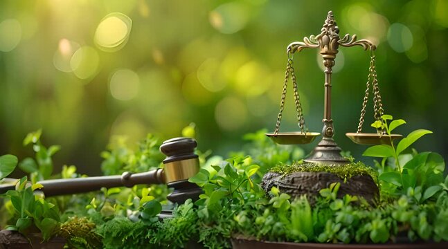 Environmental Law. Green World and hammer with scales of justice on green. law on the principles of sustainable environmental preservation