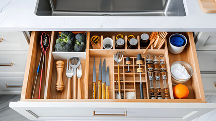 Kitchen drawer with arranged utensils and color-coded handles