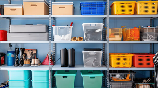 Home storage closet with labeled boxes and color-coordinated bins