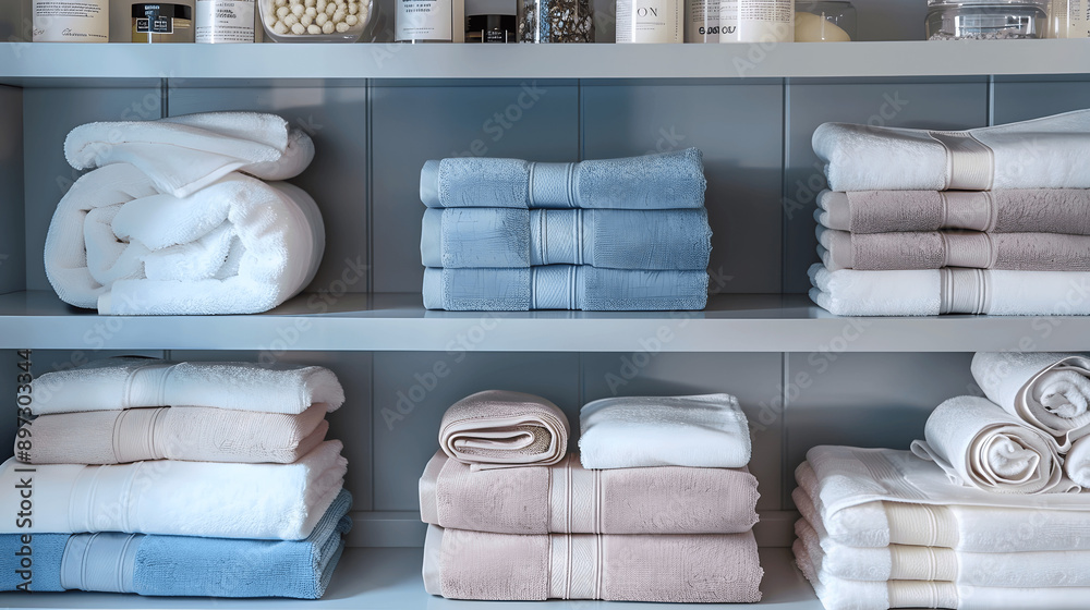 Fototapete stacked towels and linens by size and color on shelf