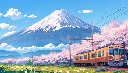 train and mount in spring, anime style cartoon