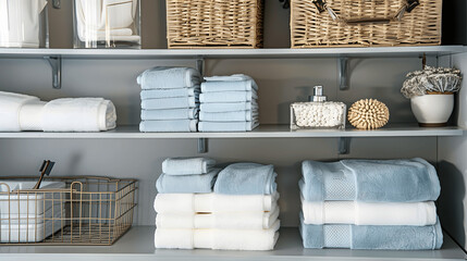 Bathroom shelf with folded towels and labeled storage boxes