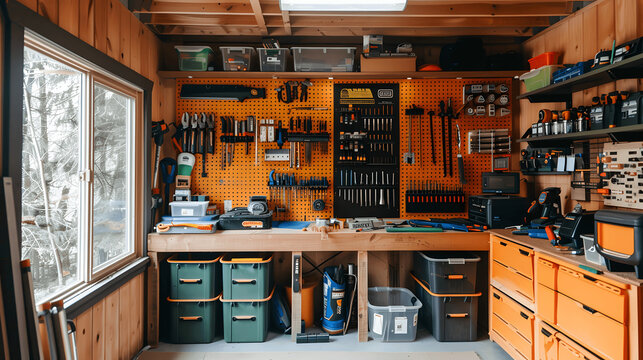 Tool shed with labeled pegboards and arranged tools
