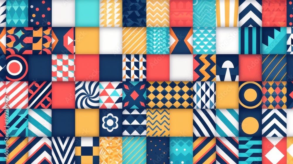Aufkleber A colorful collage of geometric patterns featuring various shapes and colors, creating a vibrant and dynamic visual effect.