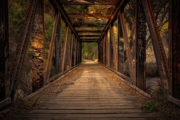 Obraz premium A long wooden bridge stretches over a peaceful river in a serene woodland setting, perfect for use as a scenic backdrop or outdoor scene
