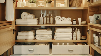 Fototapeta premium Well-ordered bathroom cabinet with folded towels and hygiene products