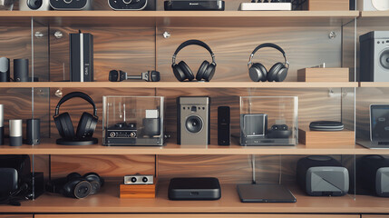 Well-ordered electronics cabinet with headphones and speakers