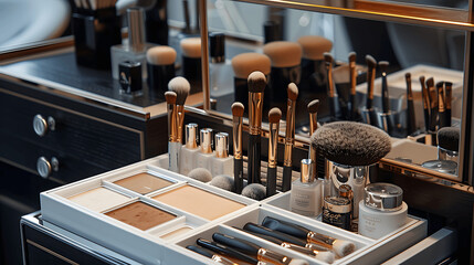 Well-ordered makeup station with brushes and foundation bottles