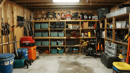 Well-organized garage storage with labeled shelves and bins