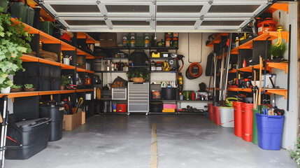 Well-organized garage storage with labeled shelves and bins