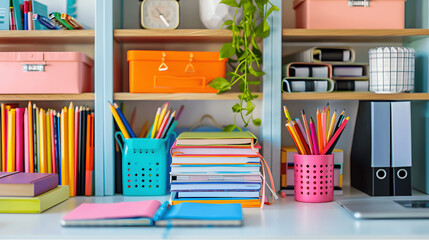 Well-organized office desk with stacked notebooks and aligned pens