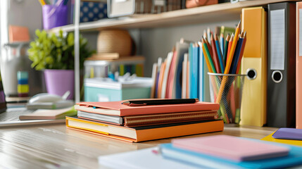 Well-organized office desk with stacked notebooks and aligned pens