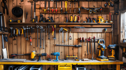 Well-organized tool shed with hand tools and labeled shelves