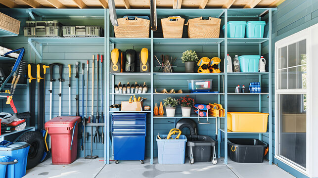Well-organized garage storage with labeled shelves and bins