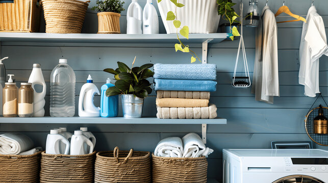 Well-organized laundry room with arranged detergents and labeled baskets