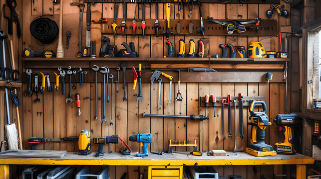 Well-organized tool shed with hand tools and labeled shelves