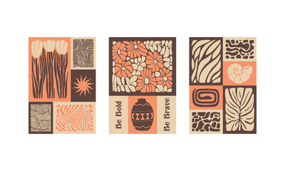 BloomBlocks, a set of abstract botanical wall art posters. Modern floral aesthetic vector illustrations in natural earthy colors.