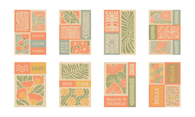 BloomBlocks, a set of abstract botanical wall art posters. Modern floral aesthetic vector illustrations in natural earthy colors.