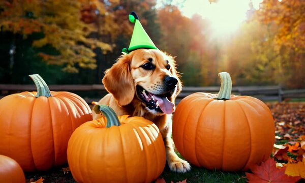 A golden retriever wearing a green hat pretending a pumpkin, sitting among pumpkins in a fall backyard